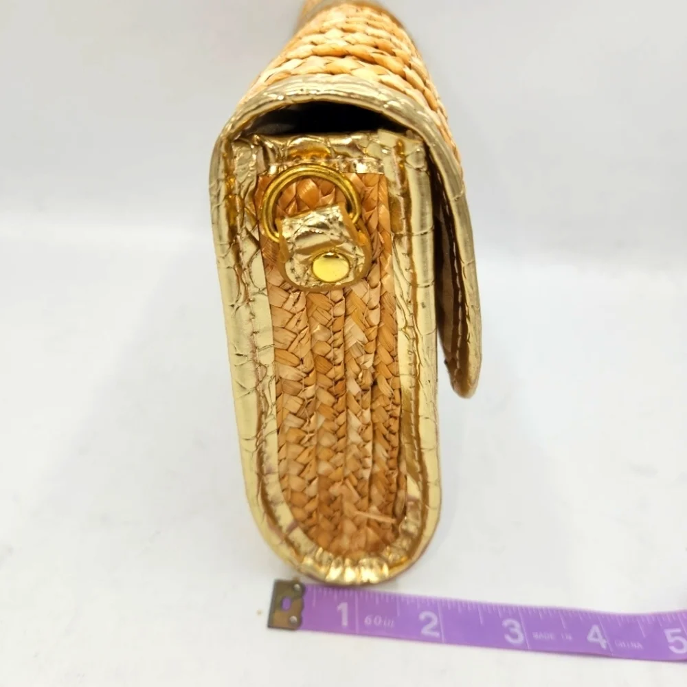Big Buddha Straw Faux Leather Gold Crocs Trim Accents Fold Over Clutch